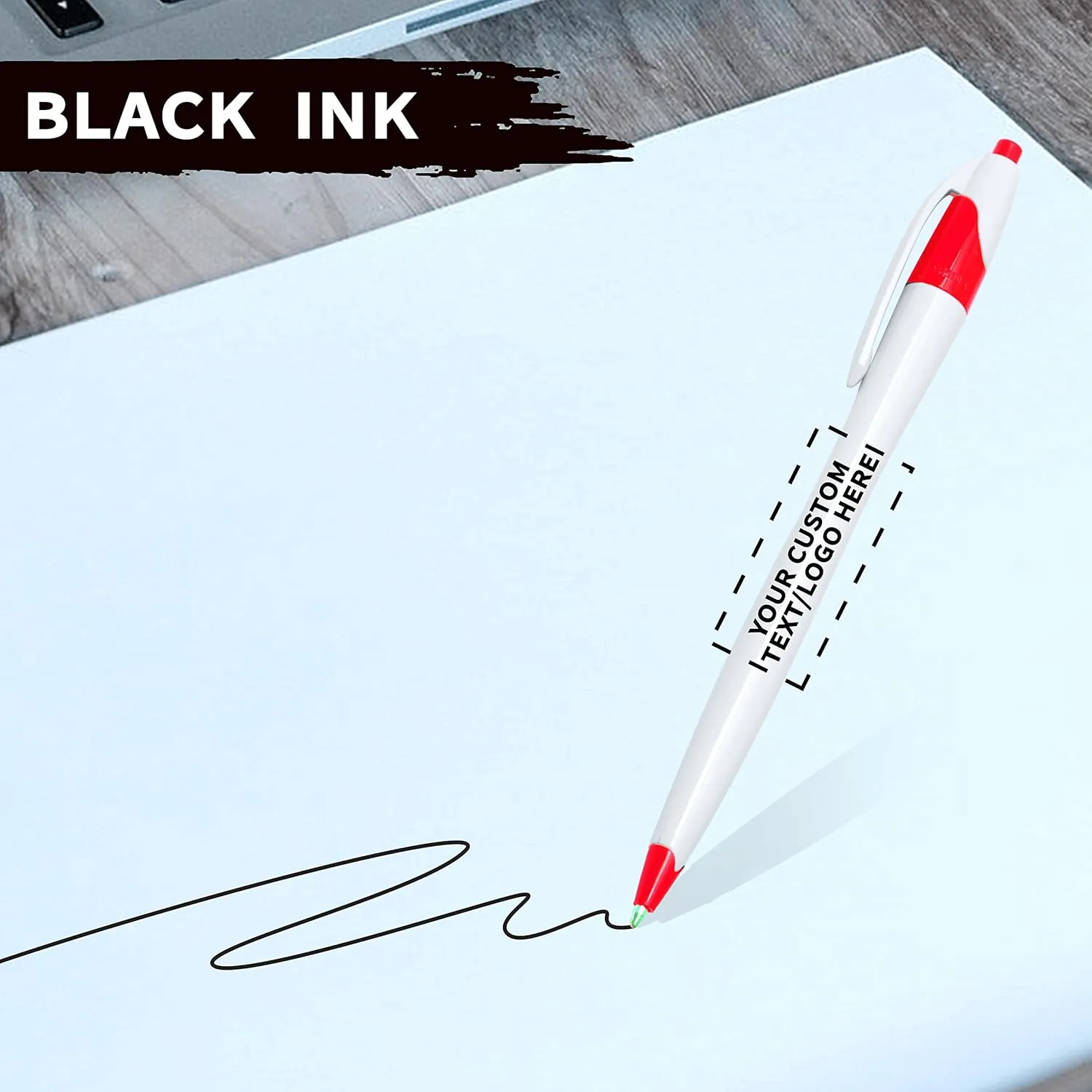 DISCOUNT PROMOS Custom Slim Curvy Ballpoint Pens Set of 10, Personalized Bulk Pack - Black Ink, Retractable, Great for Office, School, Tradeshows - Red