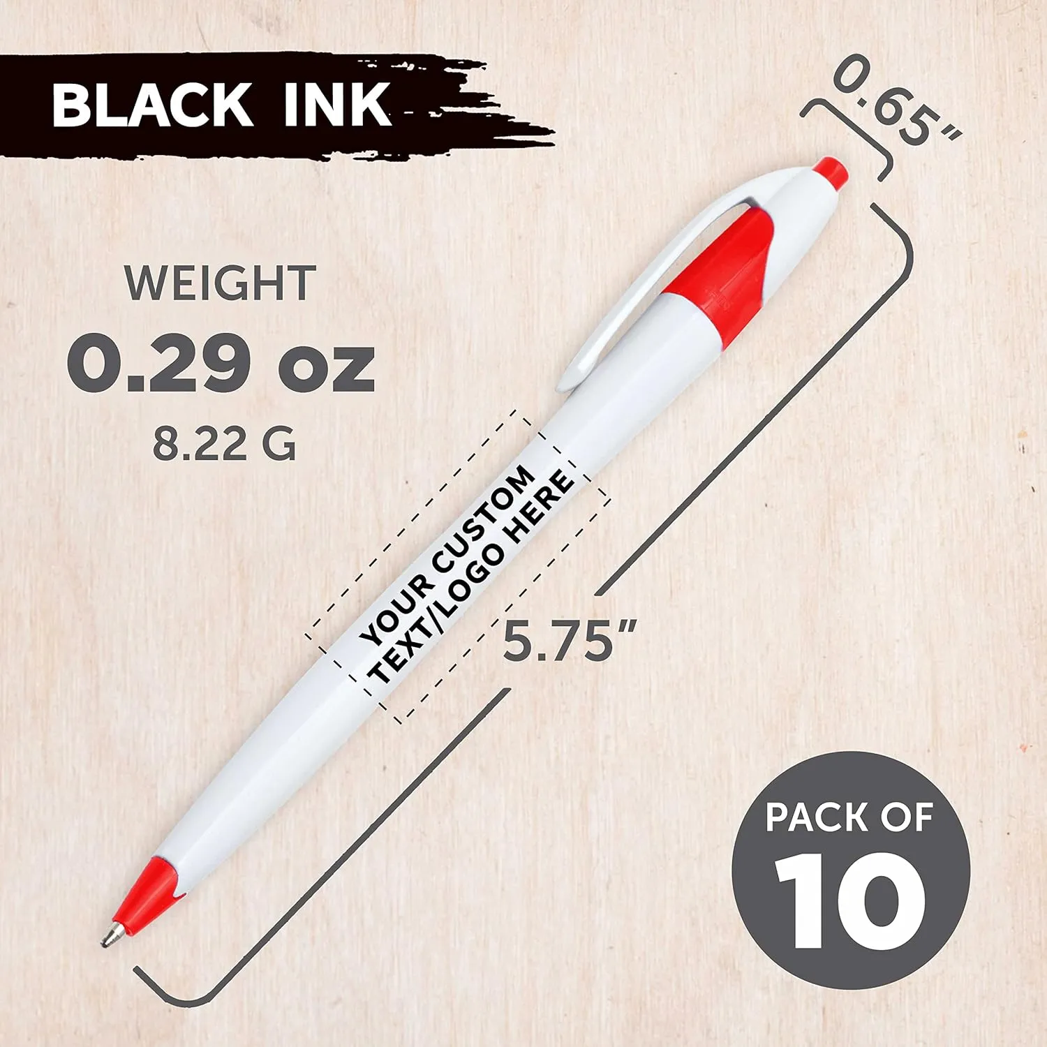 DISCOUNT PROMOS Custom Slim Curvy Ballpoint Pens Set of 10, Personalized Bulk Pack - Black Ink, Retractable, Great for Office, School, Tradeshows - Red
