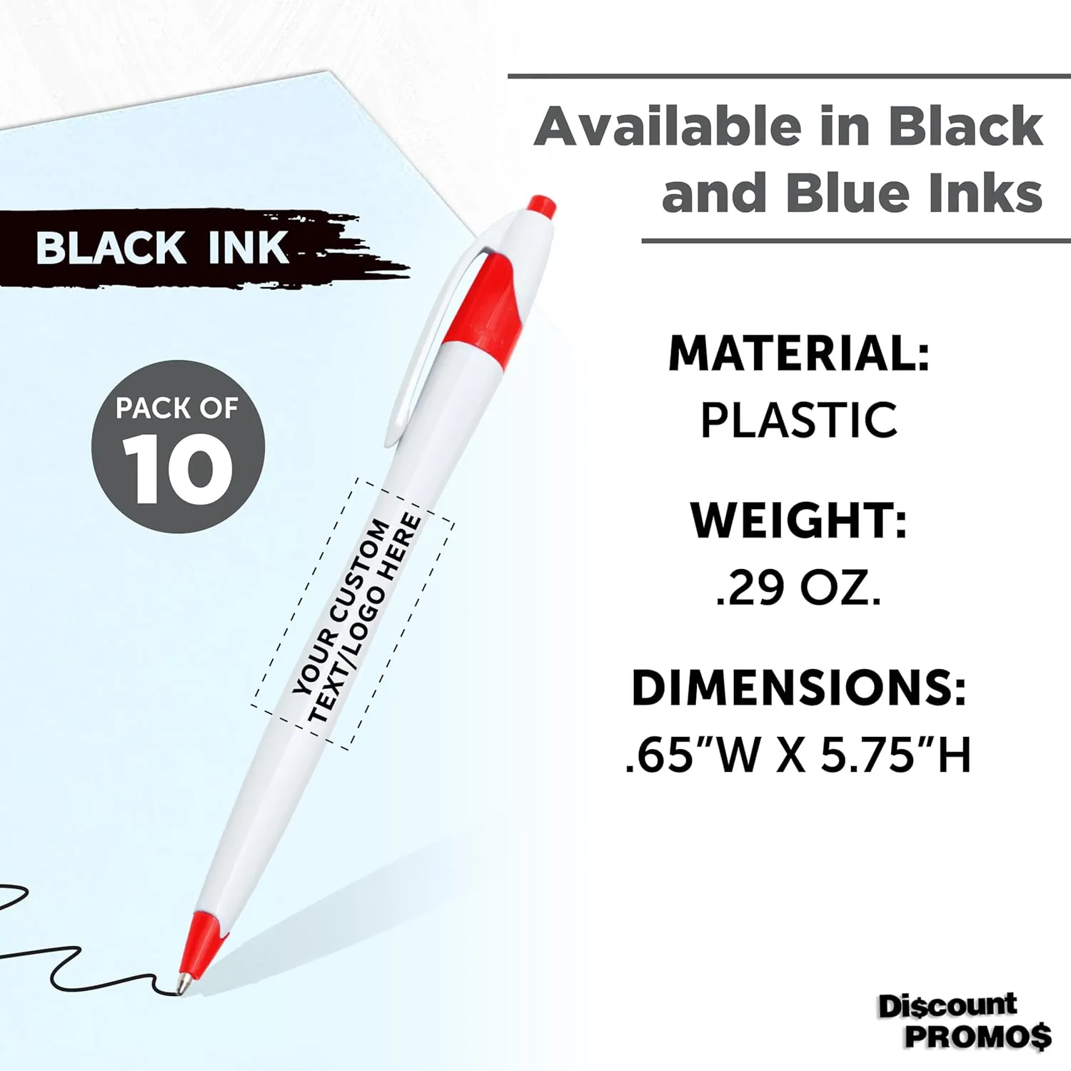 DISCOUNT PROMOS Custom Slim Curvy Ballpoint Pens Set of 10, Personalized Bulk Pack - Black Ink, Retractable, Great for Office, School, Tradeshows - Red