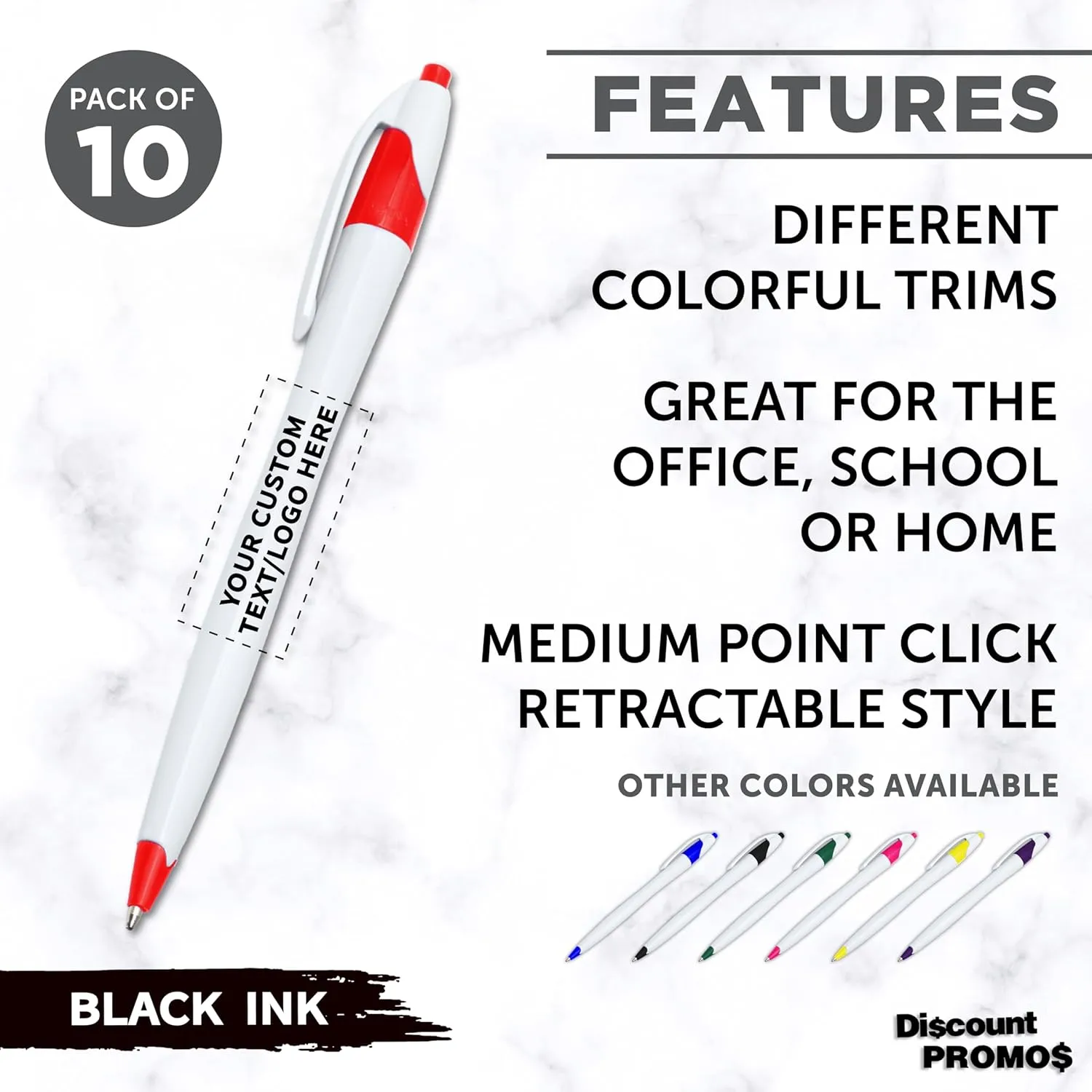 DISCOUNT PROMOS Custom Slim Curvy Ballpoint Pens Set of 10, Personalized Bulk Pack - Black Ink, Retractable, Great for Office, School, Tradeshows - Red