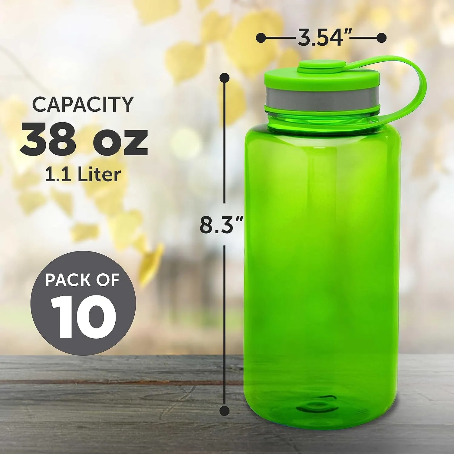 DISCOUNT PROMOS Plastic Sports Water Bottles with Flip Lid 38 oz. Set of 10, Bulk Pack - Great for Gym, Hiking, Cycling, Camping, Backpacking, School - Lime Green