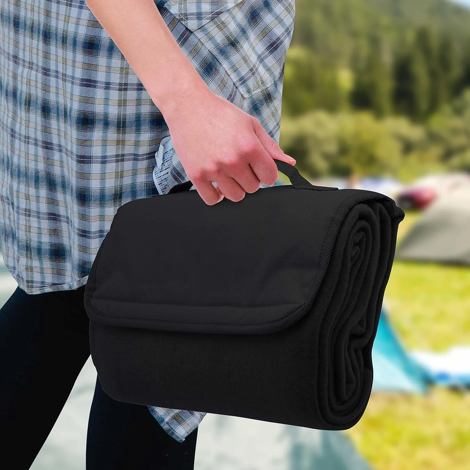 DISCOUNT PROMOS Roll Up Picnic Blankets Set of 10, Bulk Pack - Great Outdoor Blanket for Camping, Picnic, Beach, Sports, Outdoor Activities - Black