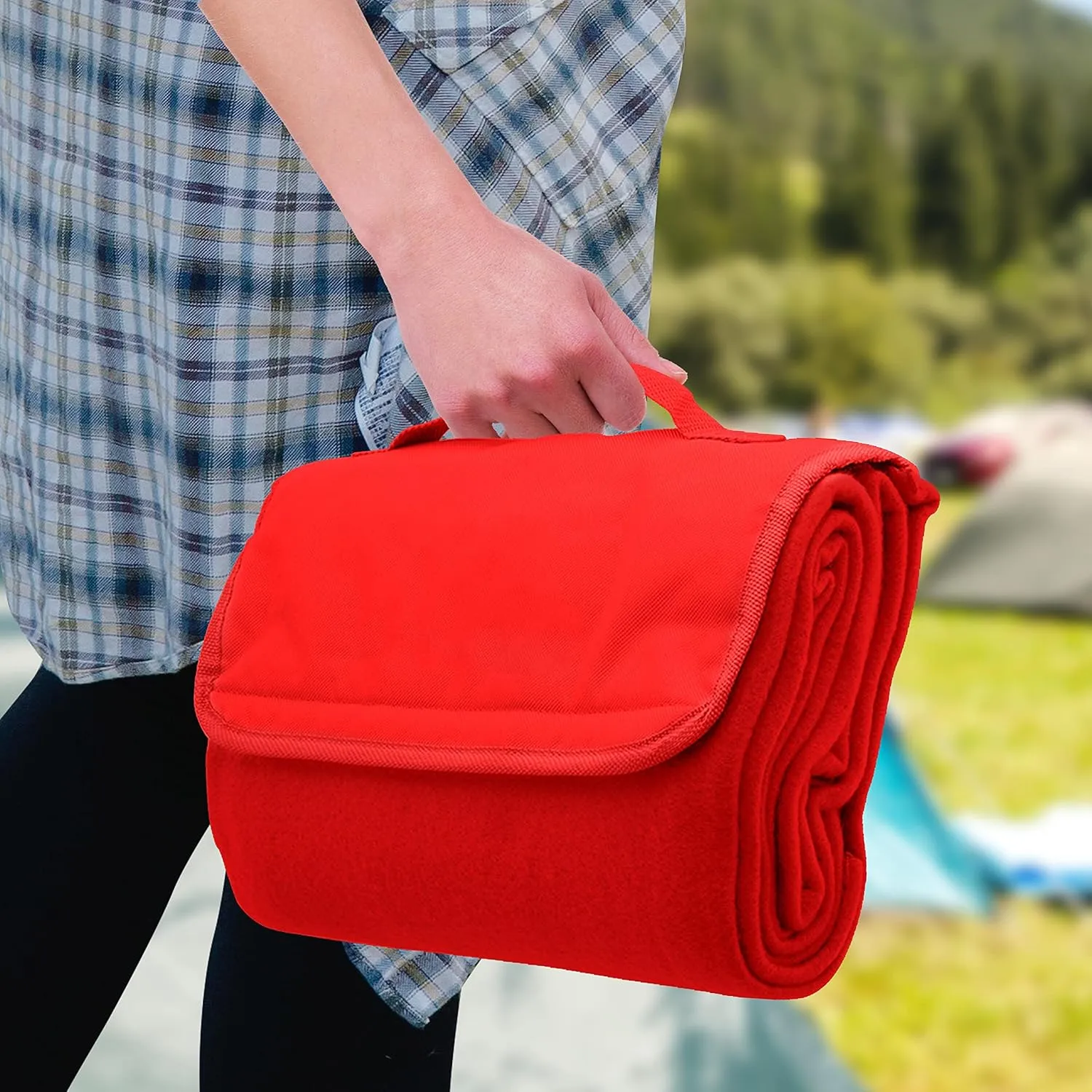 DISCOUNT PROMOS Roll Up Picnic Blankets Set of 10, Bulk Pack - Great Outdoor Blanket for Camping, Picnic, Beach, Sports, Outdoor Activities - Red