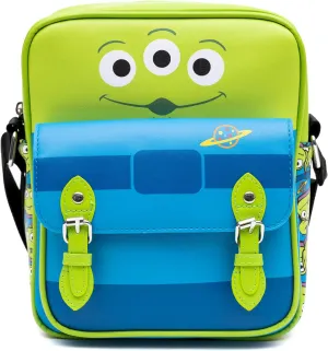 Disney Vegan Leather Crossbody Bag with Front Pocket, Toy Story Alien Bodice and Stacked Aliens Green Blue, 7.5" x 9"
