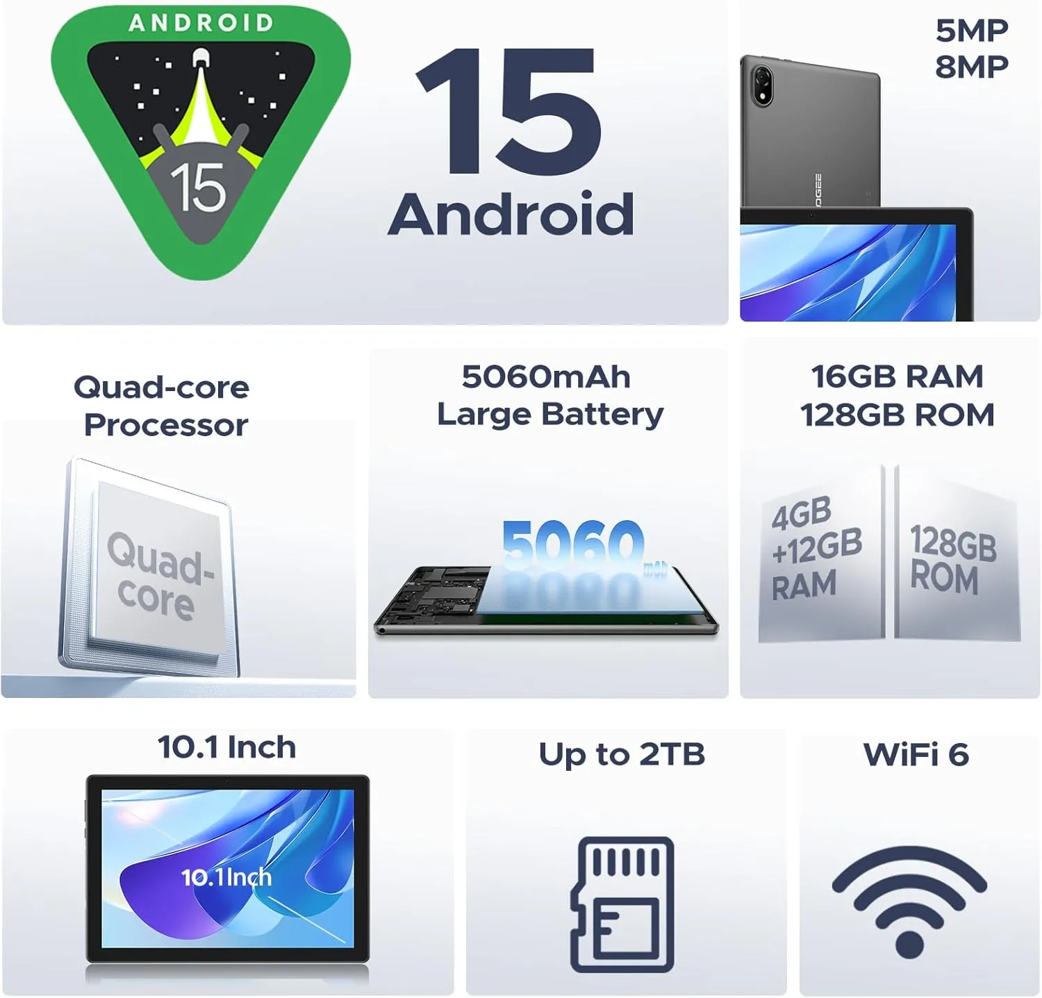 DOOGEE U10(2025) 10 inch Tablet with Keyboard, Android 15 Tablet 16GB 128GB/2TB Expand, 2.0GHz Quad Core Gaming Tablets,5060mAh,1280x800 IPS HD Touchscreen,WiFi 6,Dual Camera,BT5.0,Widevine L1,Blue