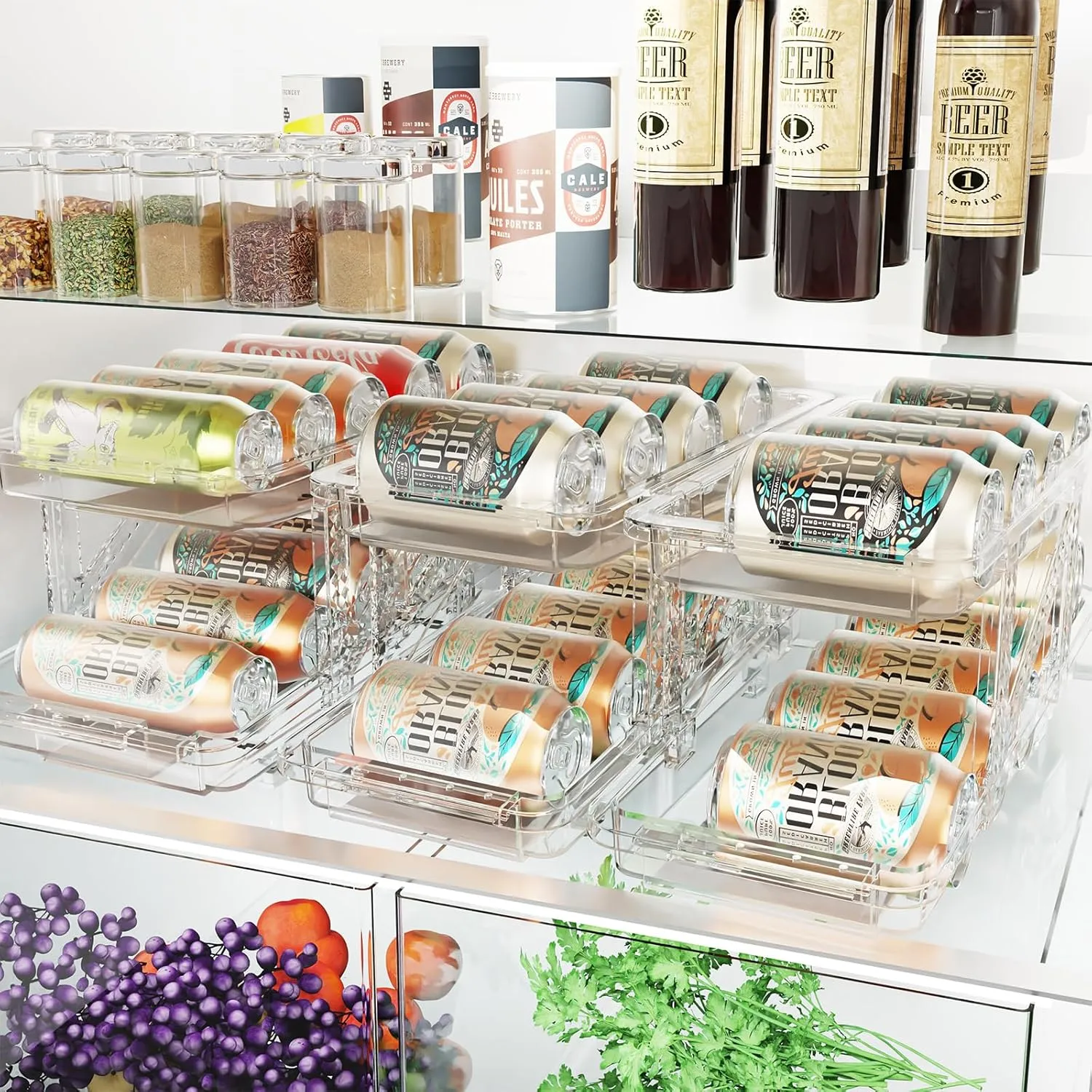 Drink Organizer for Fridge Soda Holder for Refrigerator Can Dispenser,Adjustable Width Can Holders for Fridge Suitable for Storage Cabinet and Pantry Clear (2 Pack)