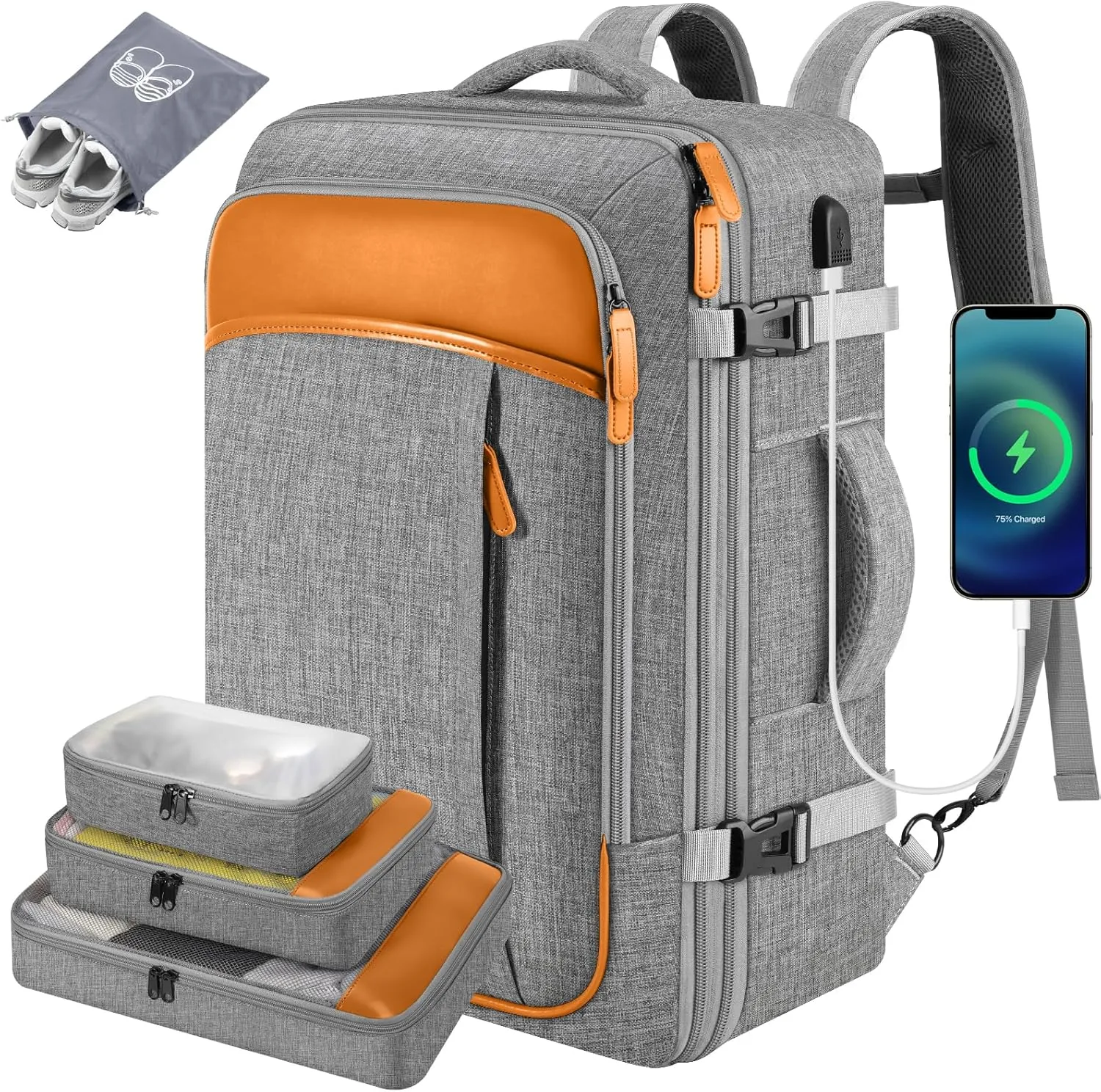 DTTO 40L Travel Backpack for Men & Women, Expandable Carry on Backpack with 4 Packing Cubes, TSA Friendly Approved Luggage Daypack Weekender Bag with USB Charging Port, Fits 17.3 inch Laptop, Grey