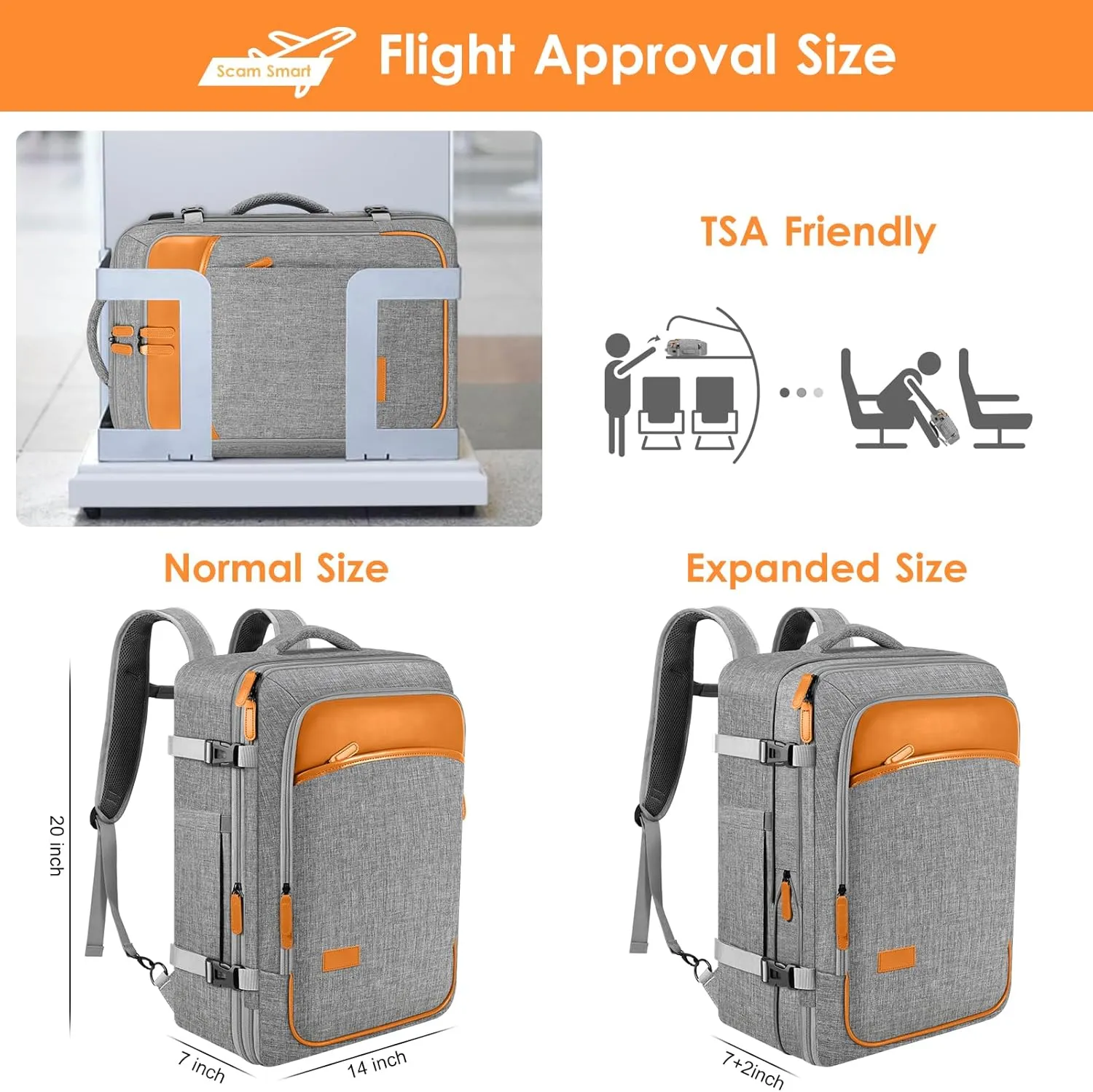 DTTO 40L Travel Backpack for Men & Women, Expandable Carry on Backpack with 4 Packing Cubes, TSA Friendly Approved Luggage Daypack Weekender Bag with USB Charging Port, Fits 17.3 inch Laptop, Grey