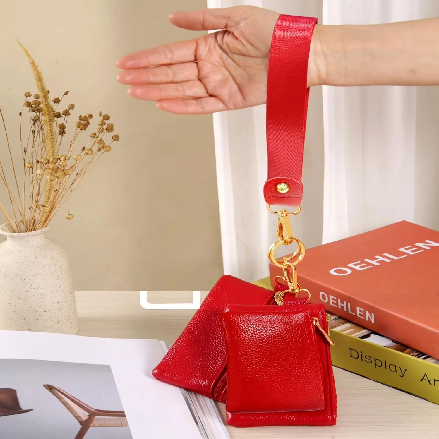 Dual Pouch Wristlet Wallet for Women, Mini Zip Around Wristlet Portable Keychain Wallet Detachable Small Change Purse Coin Pocket