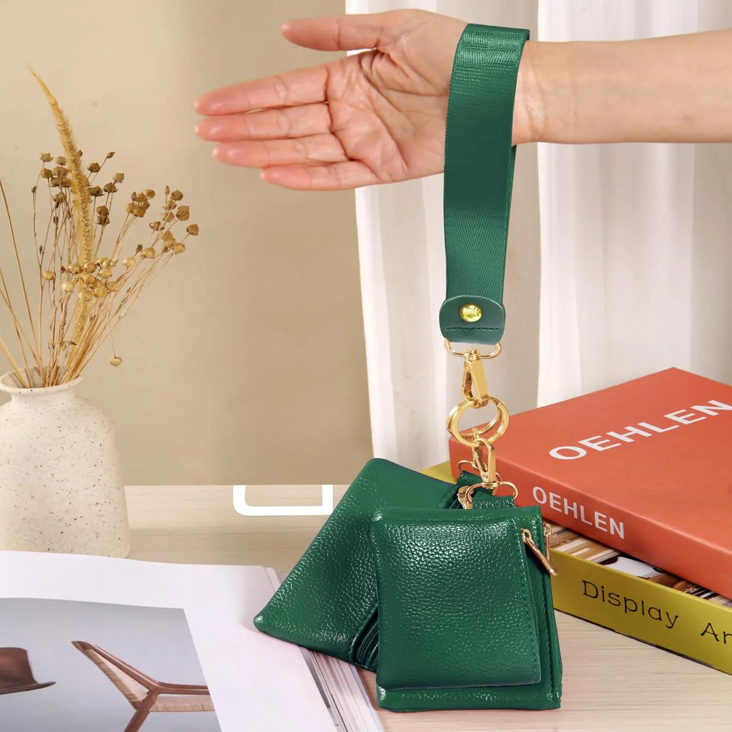 Dual Pouch Wristlet Wallet for Women, Mini Zip Around Wristlet Portable Keychain Wallet Detachable Small Change Purse Coin Pocket