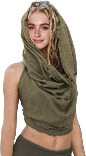 Dune Style Women's Crop Tank Top - Halter, Boho Open Back, Cross Wrap Swim Cover Up, 100% Cotton, Washed Raw-Edge