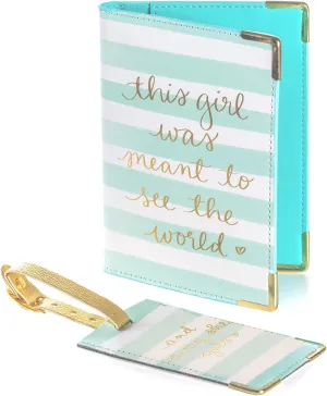 Eccolo Travel Passport Cover Holder And Luggage Tag Set, Card And Passport Holder for Women, Gift Boxed, “This Girl Was Meant To See The World” (Mint, 5.5x4 inches)