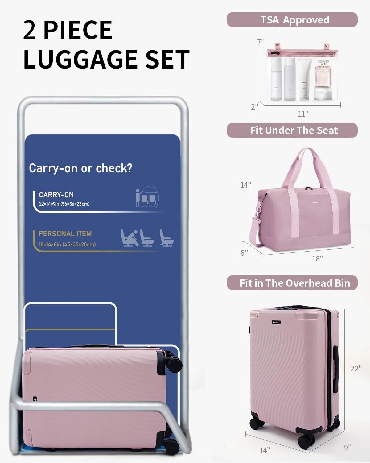 ECOHUB Hardside Expandable Carry On Luggage, 20" Rolling Luggage 22x14x9 Airline Approved with Spinner Wheels & TSA Lock, Lightweight Small Hardshell Travel Suitcase Valises, 20inch Carry-on Pink