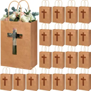 Eersida 24 Pieces First Communion Kraft Gift Bags with Cross Window Bulk Religious Baptism Confirmation Candy Bags Christening First Holy Communion Party Favor for Baby Baptism Wedding Church