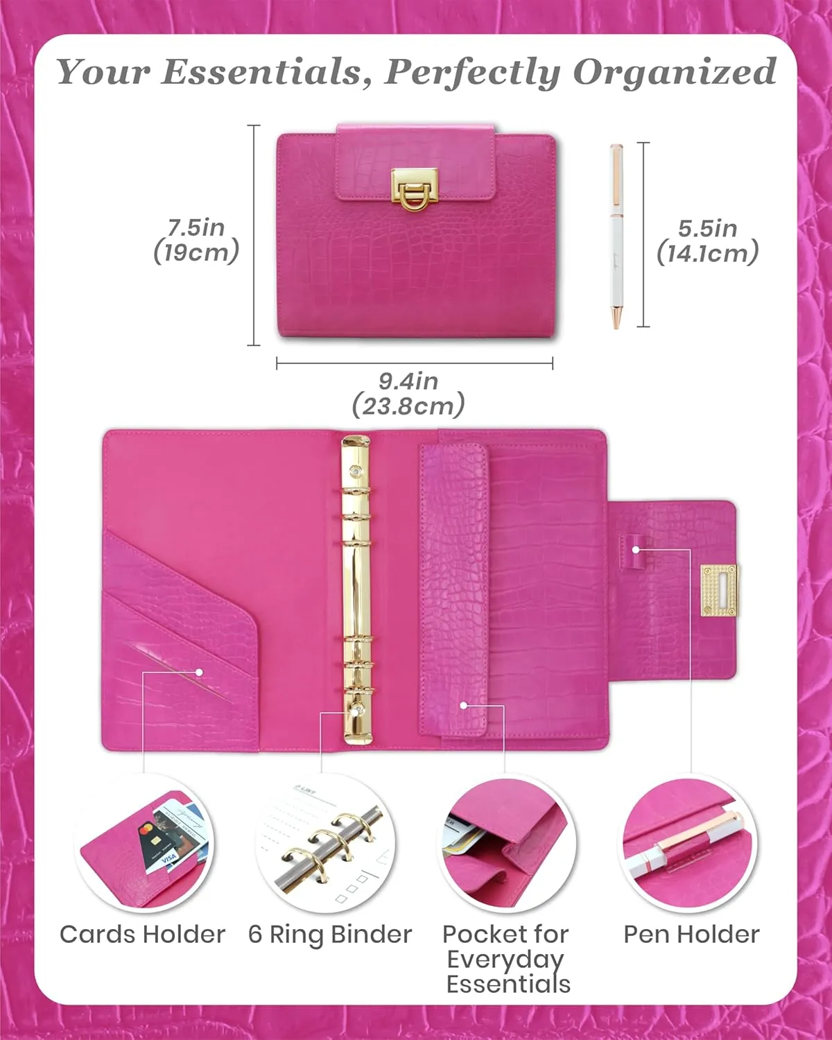 EGOSUNNY Luxury 5.8" x 8.3" Crocodile-Textured Leather A5 Undated Planner Cover with 80 Sheets, Dividers, Metal Ballpoint Pen, Refillable 6-Ring Journal, Birthday and Mother's Day Gift