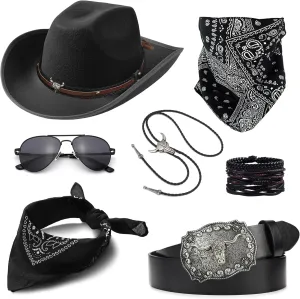 EIELO Cowboy Costume Outfit for Men Women Western Cowboy Hat Bolo Tie Buckle Belt Accessories Set for Halloween Cosplay Party