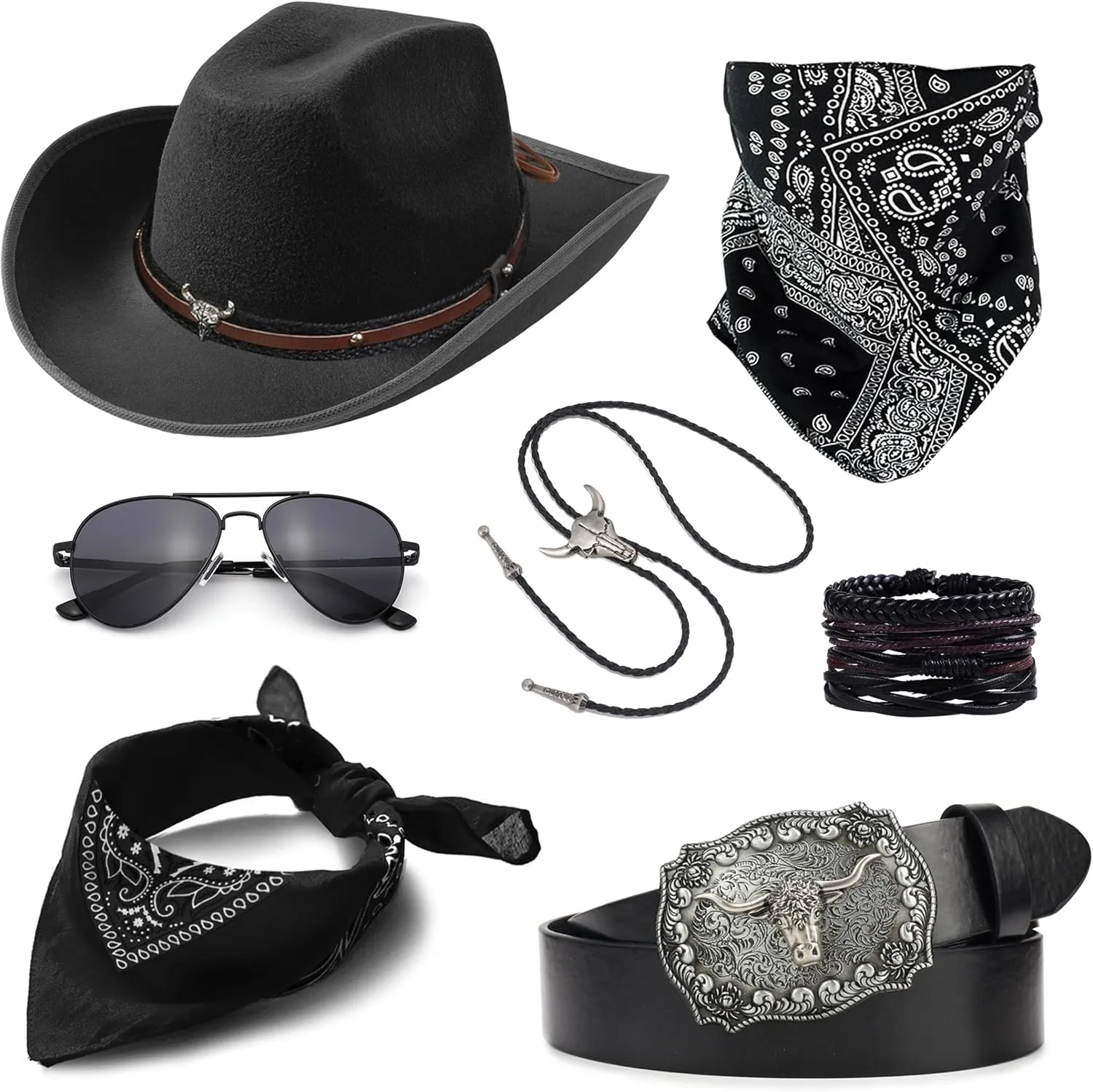 EIELO Cowboy Costume Outfit for Men Women Western Cowboy Hat Bolo Tie Buckle Belt Accessories Set for Halloween Cosplay Party