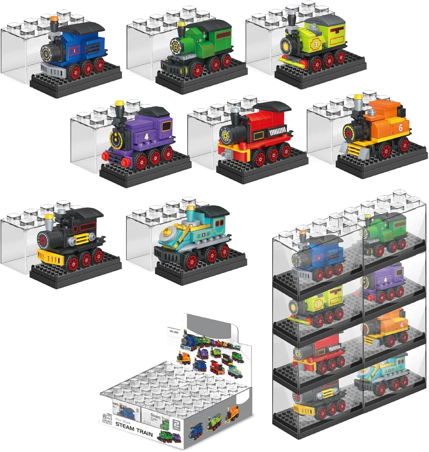 EKIND Small Particle Mini Steam Train Building Blocks Set, Small Brick Model Toys with Transparent Display Box,Sliding Cartoon Vehicle Building Kit (8 Pcs Different Steam Train)