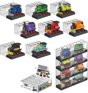 EKIND Small Particle Mini Steam Train Building Blocks Set, Small Brick Model Toys with Transparent Display Box,Sliding Cartoon Vehicle Building Kit (8 Pcs Different Steam Train)