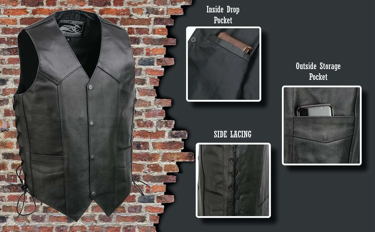 EL5315 Black Motorcycle Leather Vest for Men w/Side Lace- Riding Club Adult Motorcycle Vests