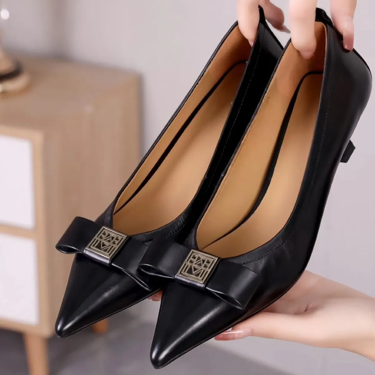 Elegant Pointed-Toed Pumps for Women Slip-on Low-Cut Bow-Tie Kitten Heel Dress Shoes Office Comfort