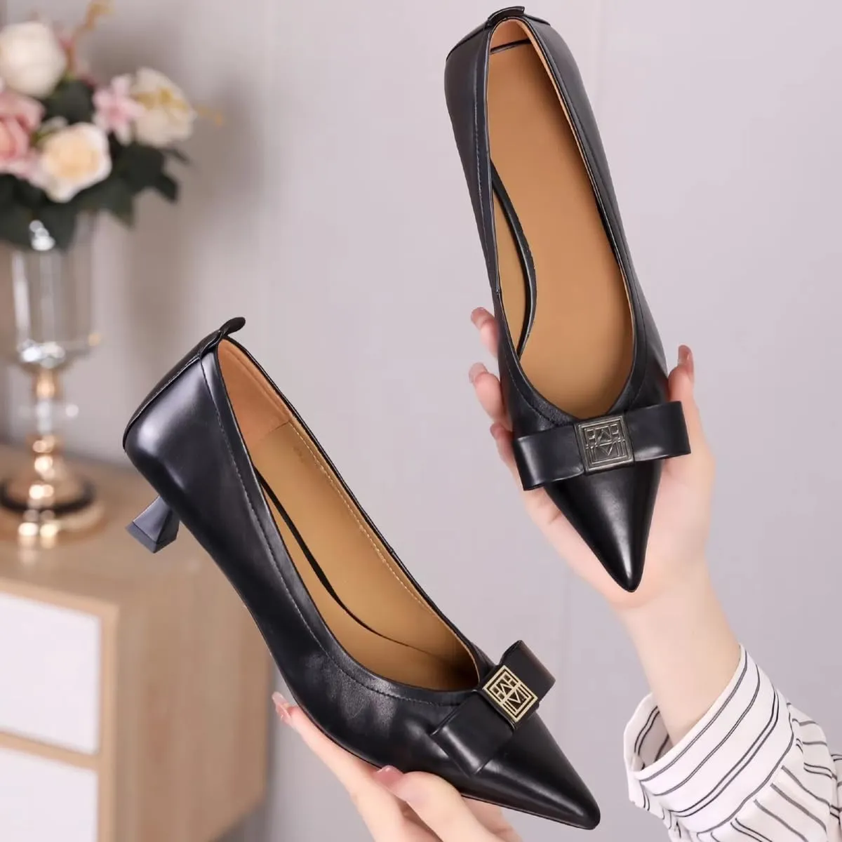 Elegant Pointed-Toed Pumps for Women Slip-on Low-Cut Bow-Tie Kitten Heel Dress Shoes Office Comfort