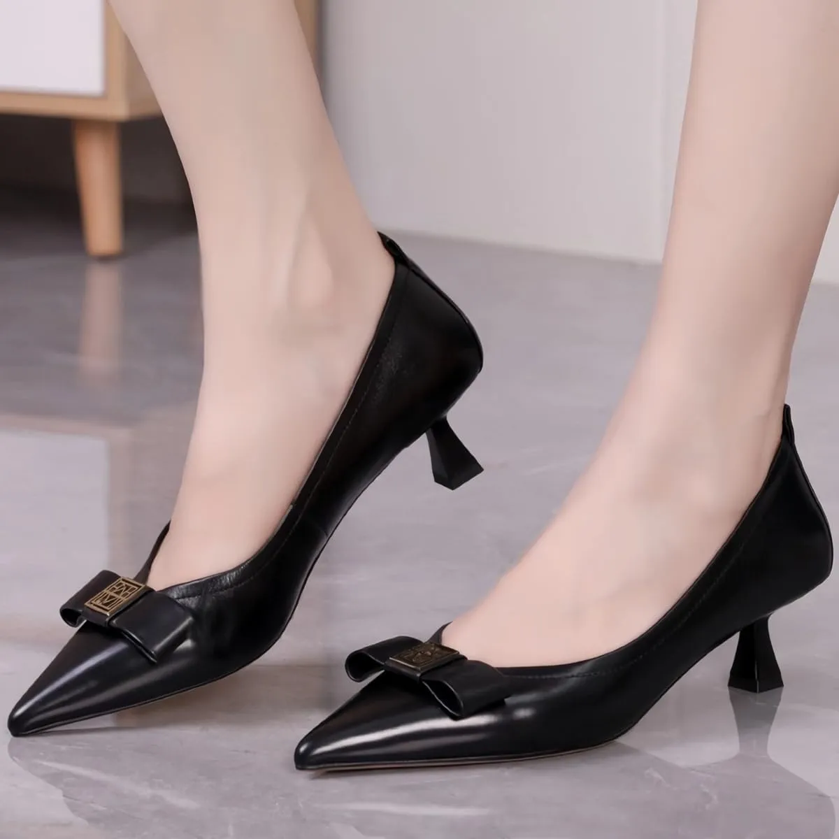 Elegant Pointed-Toed Pumps for Women Slip-on Low-Cut Bow-Tie Kitten Heel Dress Shoes Office Comfort