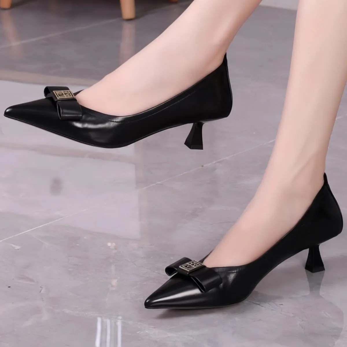 Elegant Pointed-Toed Pumps for Women Slip-on Low-Cut Bow-Tie Kitten Heel Dress Shoes Office Comfort
