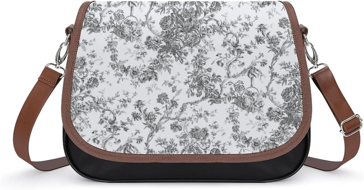 Elegant Vintage French Engraved Floral Toile-Grey Women's Shoulder Bag, Handbag, Crossbody Bag