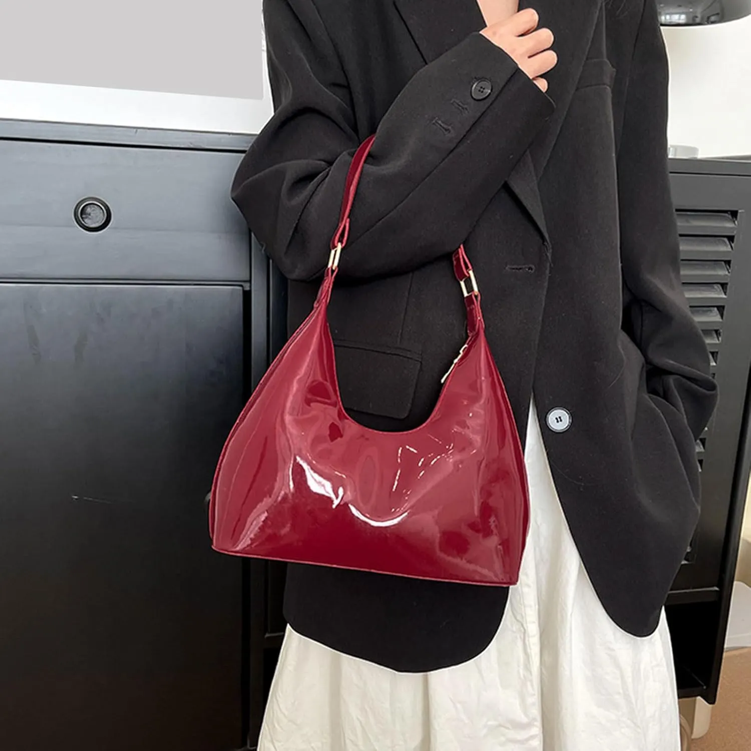 Elegant Women PU Leather Shoulder Bag Bag Fashionable Satchel Umderar Purse Glossy Handbag for Casual and Prom Event