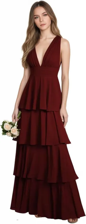 Elmiansly Womens Tiered A Line Bridesmaid Dresses Double V Neck Long Evening Dress Ruffles Formal Maxi Dress
