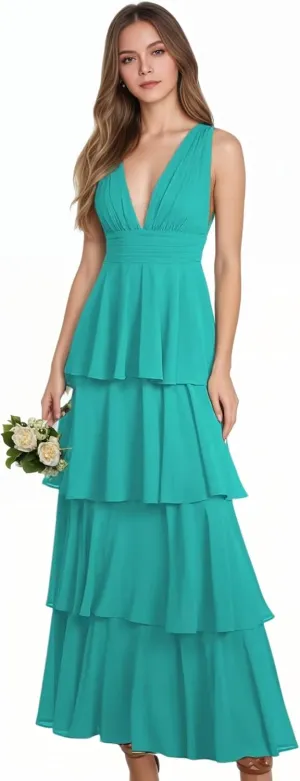 Elmiansly Womens Tiered A Line Bridesmaid Dresses Double V Neck Long Evening Dress Ruffles Formal Maxi Dress