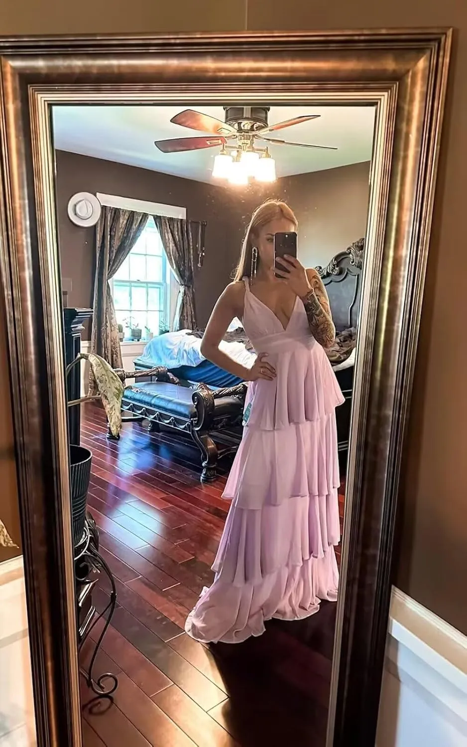 Elmiansly Womens Tiered A Line Bridesmaid Dresses Double V Neck Long Evening Dress Ruffles Formal Maxi Dress