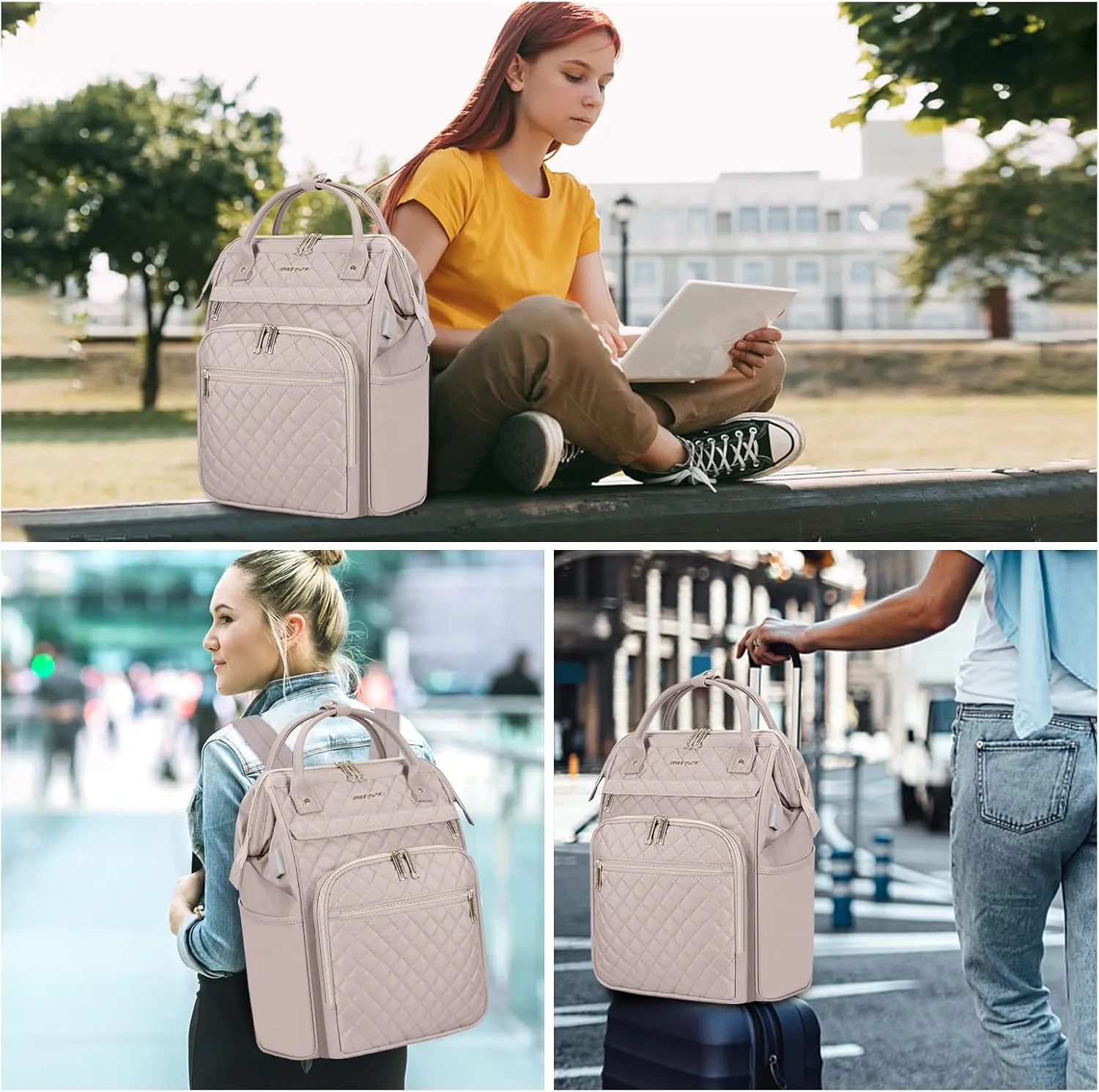 EMPSIGN 17 Inch Laptop Backpack for Women, Work Business Travel Computer College Bags, Large Capacity Water-repellent Quilted Casual Daypack with USB Port, Dusty Pink