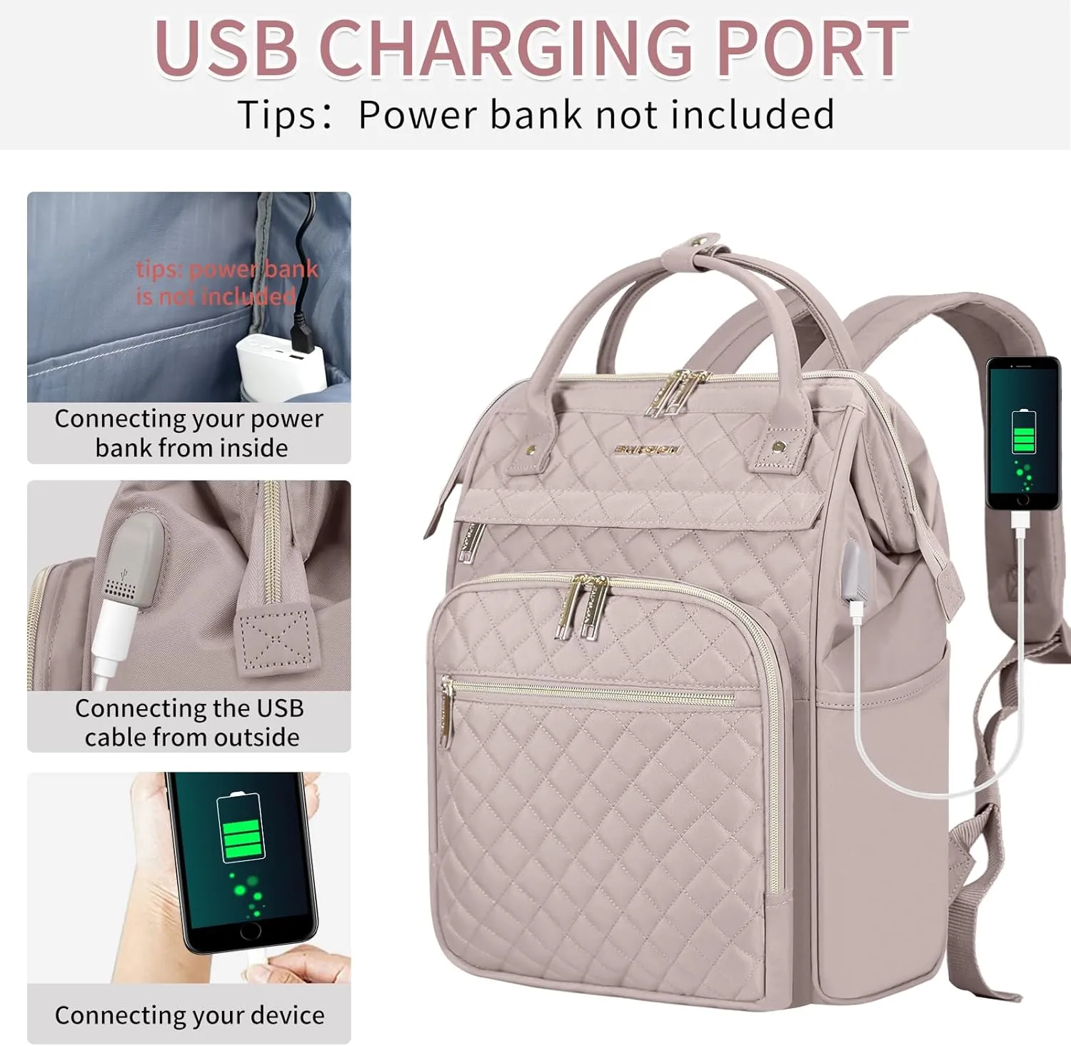 EMPSIGN 17 Inch Laptop Backpack for Women, Work Business Travel Computer College Bags, Large Capacity Water-repellent Quilted Casual Daypack with USB Port, Dusty Pink
