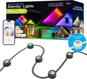 Enbrighten Eternity Permanent Outdoor Lights, 50ft with 36 RGBWIC LEDs, Smart Eave Lights, Endless Light Colors, Daily and Accent Lighting, IP67 Waterproof, Compatible with Alexa, Google Home, 82729