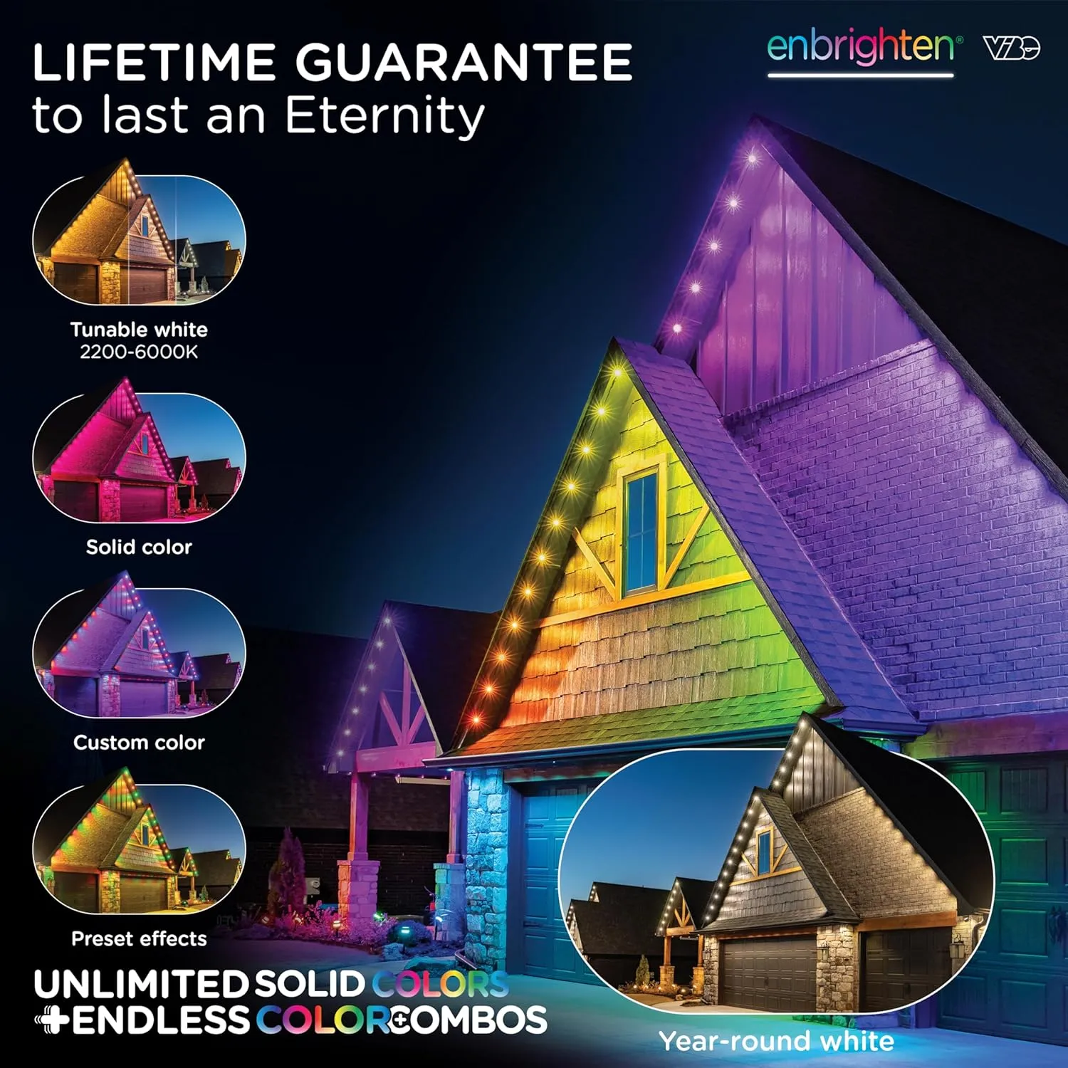 Enbrighten Eternity Permanent Outdoor Lights, 50ft with 36 RGBWIC LEDs, Smart Eave Lights, Endless Light Colors, Daily and Accent Lighting, IP67 Waterproof, Compatible with Alexa, Google Home, 82729