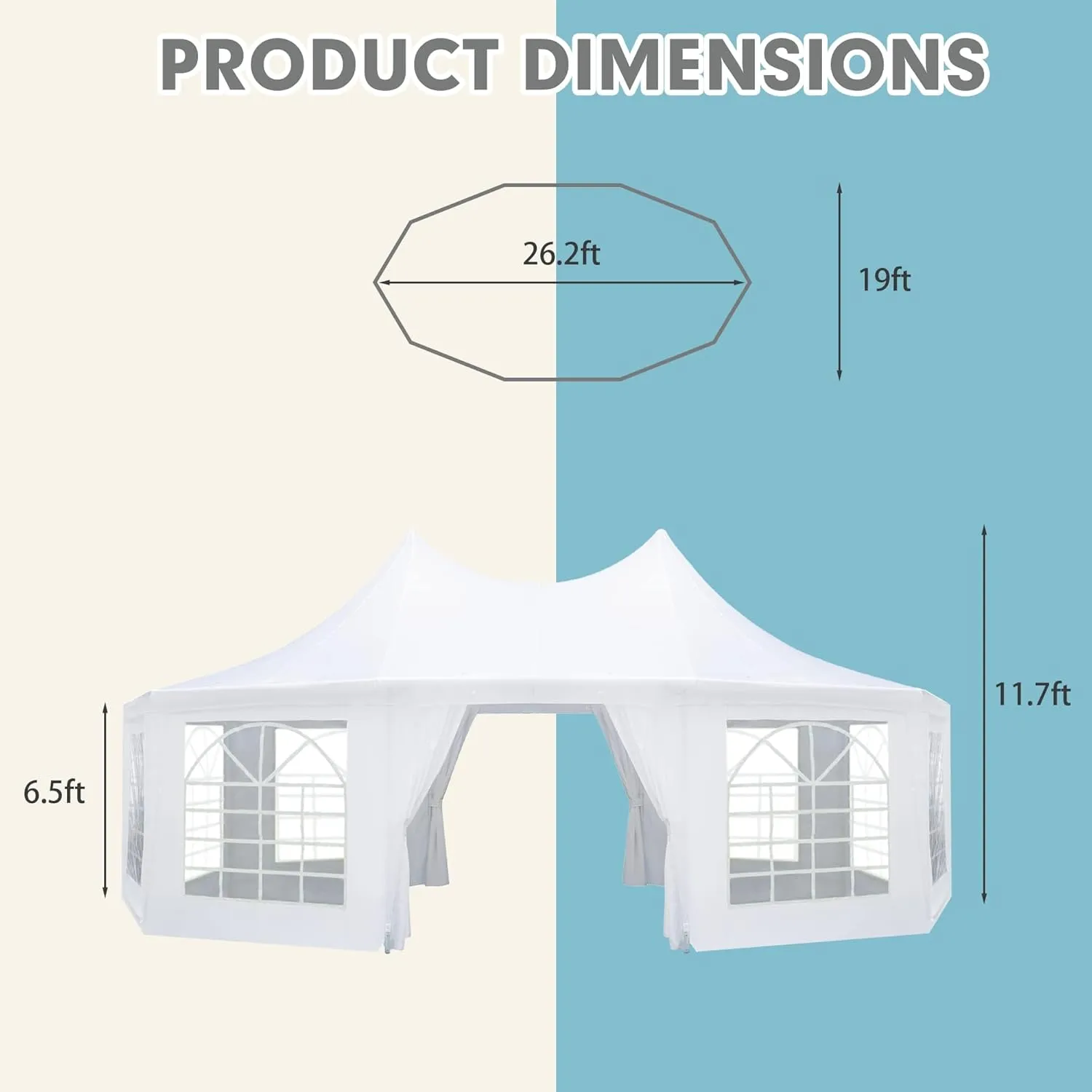 EROMMY 26x19ft Party Tent, White Wedding Tent, Decagonal Heavy Duty Canopy with 8 Removable Sidewalls, 8 Church Windows and 2 Pull-Back Doors, Outdoor Gazebo Pavilion Shelter Tent for Party, Event