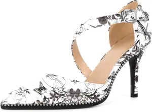 Esvowido Pointed Closed Toe Heels for Women Beaded Ankle Strap Pumps D'Orsay Stiletto High Heels Office Party Wedding 3.5 Inch Dress Shoes