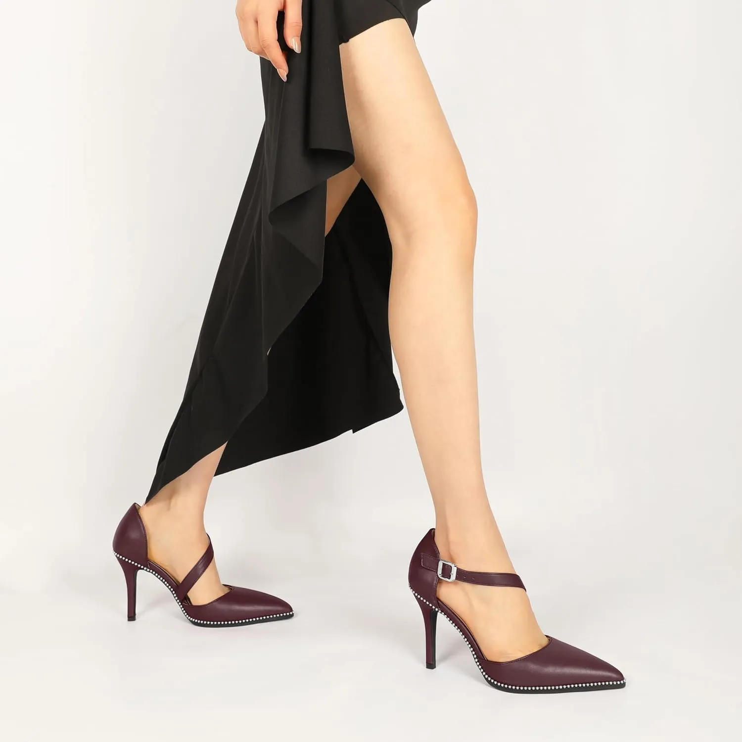 Esvowido Pointed Closed Toe Heels for Women Beaded Ankle Strap Pumps D'Orsay Stiletto High Heels Office Party Wedding 3.5 Inch Dress Shoes