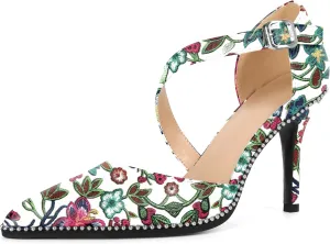 Esvowido Pointed Closed Toe Heels for Women Beaded Ankle Strap Pumps D'Orsay Stiletto High Heels Office Party Wedding 3.5 Inch Dress Shoes