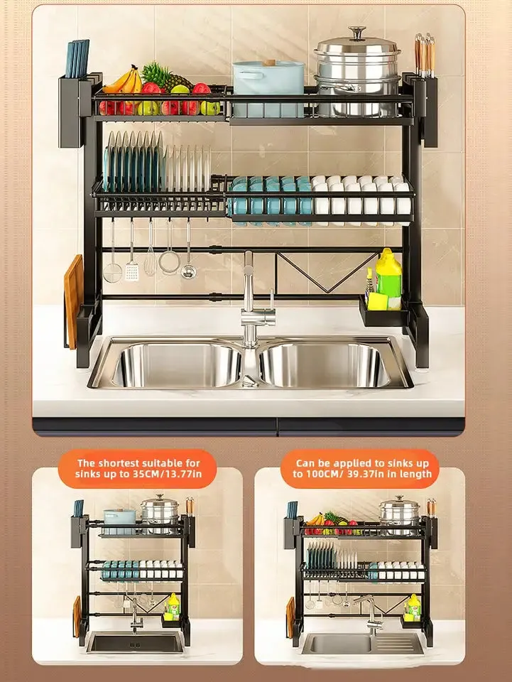 Expandable 2-Tier Stainless Steel Sink Dish RackCutlery &amp; Chopstick Holders