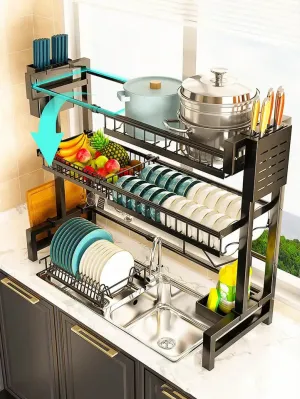 Expandable 2-Tier Stainless Steel Sink Dish RackCutlery &amp; Chopstick Holders