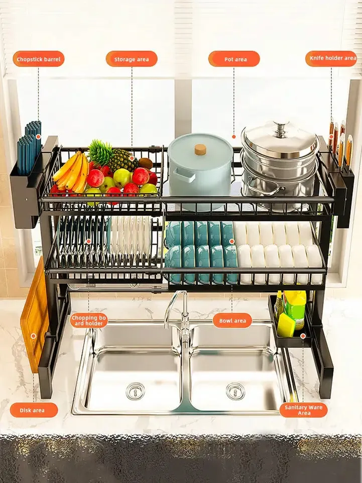 Expandable 2-Tier Stainless Steel Sink Dish RackCutlery &amp; Chopstick Holders