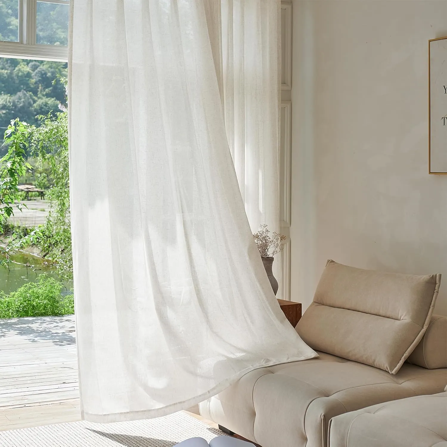 Extra Wide Natural Pinch Pleated Linen Curtains 96 Inches Long 100 Inch Wide for Living Room Sliding Door Light Filtering Semi Sheer Window Curtain Bedroom Pinch Pleat Drape Cream (1 Panel, 100Wx96L)