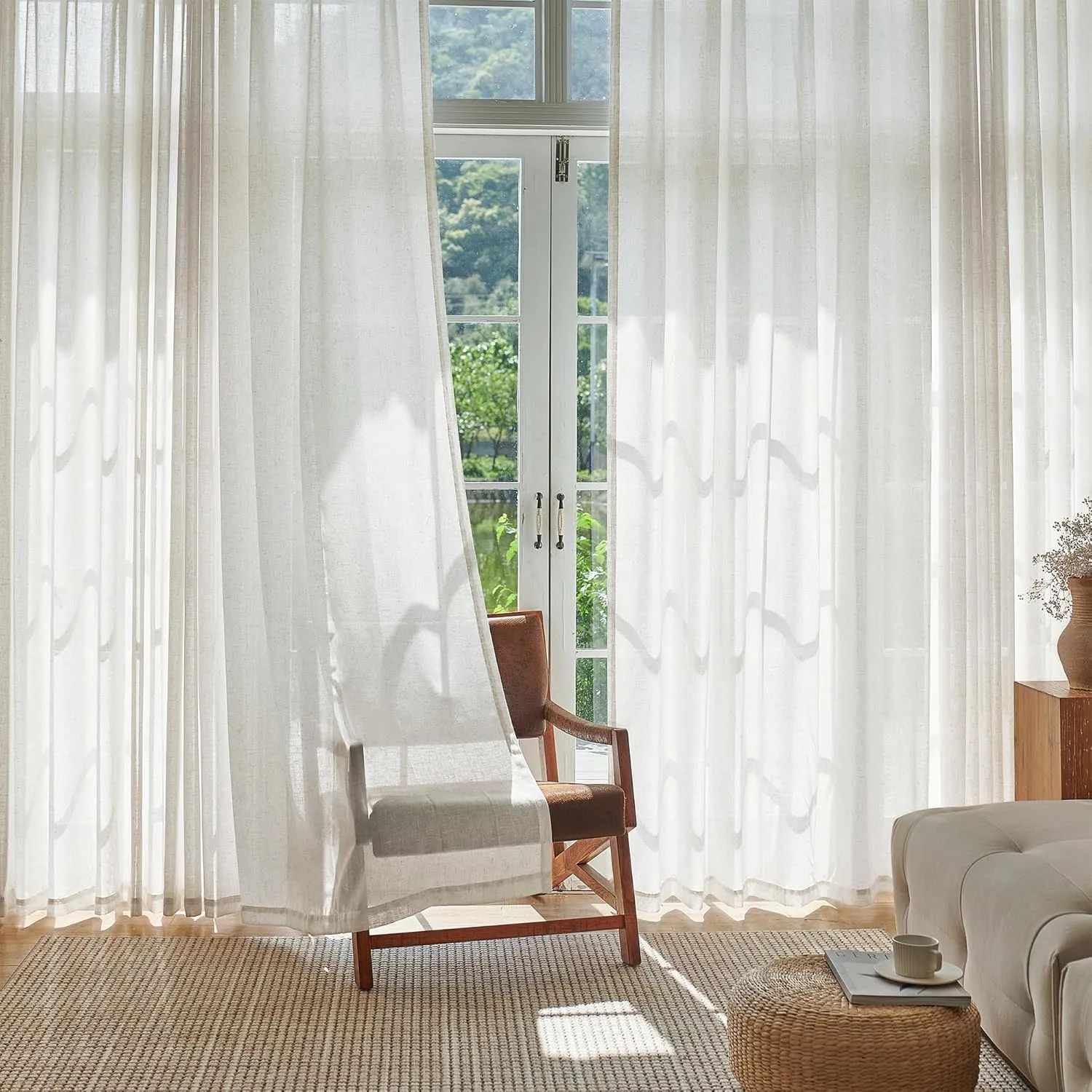 Extra Wide Natural Pinch Pleated Linen Curtains 96 Inches Long 100 Inch Wide for Living Room Sliding Door Light Filtering Semi Sheer Window Curtain Bedroom Pinch Pleat Drape Cream (1 Panel, 100Wx96L)