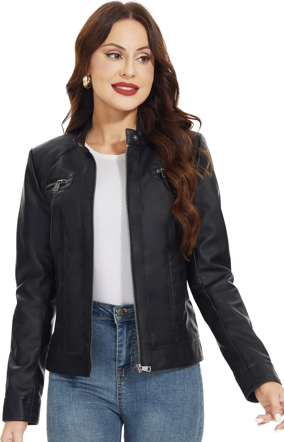 Fahsyee Zip Leather Jackets for Women Motorcycle Faux PU Moto Biker Outwear Coat