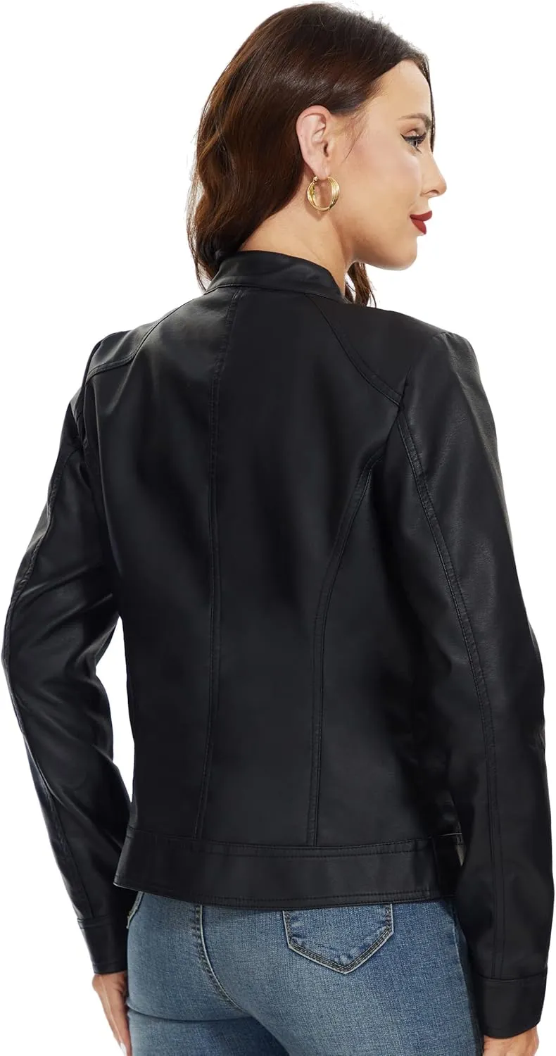 Fahsyee Zip Leather Jackets for Women Motorcycle Faux PU Moto Biker Outwear Coat