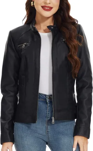 Fahsyee Zip Leather Jackets for Women Motorcycle Faux PU Moto Biker Outwear Coat