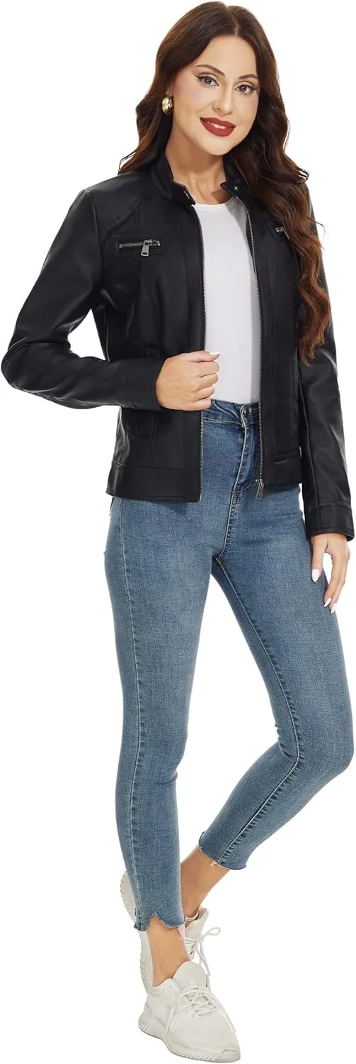 Fahsyee Zip Leather Jackets for Women Motorcycle Faux PU Moto Biker Outwear Coat